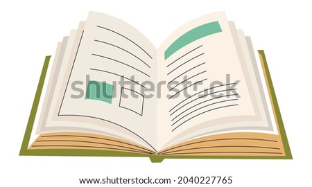 Open book or encyclopedia, textbook for students in school or university. Isolated publication with pictures and text. Personal journal or magazine, notebook copybook for notes. Vector in flat style
