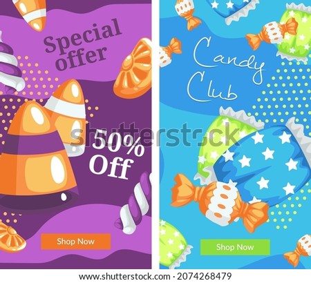 Shop or store with candies and chocolate, caramels and lollipops. Mix of sweets and desserts, order in online web. Promo banner 50 off, advertisement or food presentation. Vector in flat style