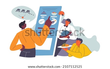 Male character choosing food from menu in restaurant or cafe, diner or bistro. Chef and waiter with special dish for client, customer ready to order. Nutritious and balanced meal, vector in flat style
