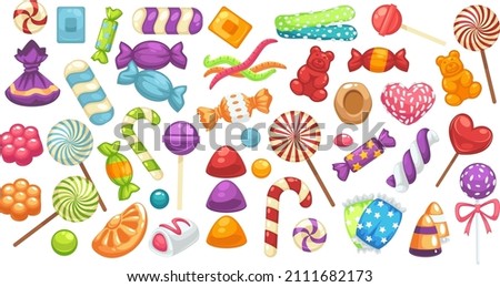 Variety of caramel and chocolate candies and bonbons, assortment of lollipops in glossy wrapping and bows. Shop or store with confectionery and dessert, sweets and treats. Vector in flat style Foto d'archivio © 