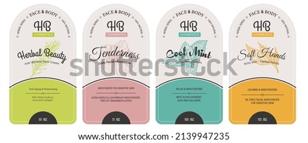 Cosmetic products for skin care and beauty, herbal ingredients and organic treatment. Hygiene and wellness, rejuvenation and therapy. Labels with sketches, package emblem. Vector in flat style