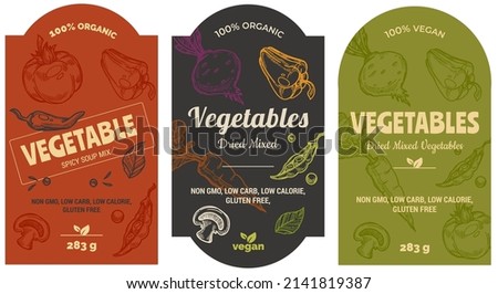Organic and natural vegetables mix, for soups and salads. Cooking healthy dishes, vegan and vegetarian menu. Labels for product packages, peas and mushrooms, pepper and dill. Vector in flat style