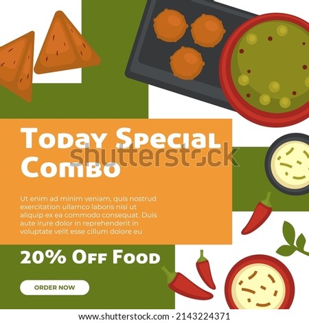 Tasty food and dishes discounts in restaurants and shops, website with online order and delivery. 20 off on meal, asian or mexican cuisine. Soup and chili sauce for meatballs. Vector in flat style