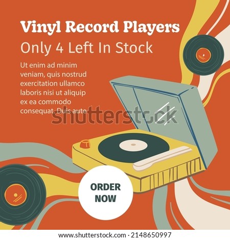 Vintage and retro shop with vinyl record players. Order now and purchase old device for playing music and listening to tunes. Portable gadget with needle, nostalgia store. Vector in flat style