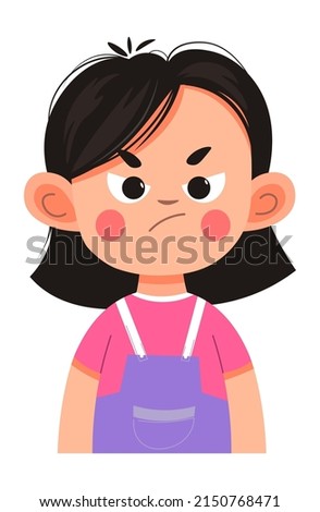 KId girl with grumpy expression on face, isolated female character toddler upset or angry. Annoyance or irritation of preschool or preteen. Non verbal communication, bad behavior. Vector in flat style Сток-фото © 