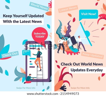 Keep yourself updated with latest news, check world announcements online in application. Newsletter live reports and broadcasting for viewers, events and breaking information. Vector in flat style