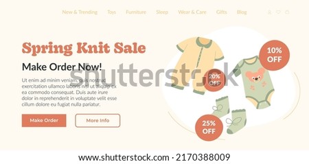 Make order now, buy children clothes. Spring knit sale with 10 off price, natural materials and comfortable clothing for newborns. Website landing page template, online site. Vector in flat style