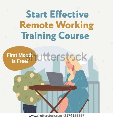 First month is free for effective remote working training course. Obtain knowledge and get freelance job, startup or business idea. Promotional banner or advertisement flyer. Vector in flat style