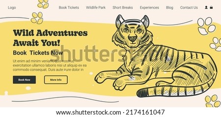 Book tickets now and visit zoo, wild adventures await you. Tiger animal in park, get short break and new experience. Contact us. Website landing page template online web, vector in flat style