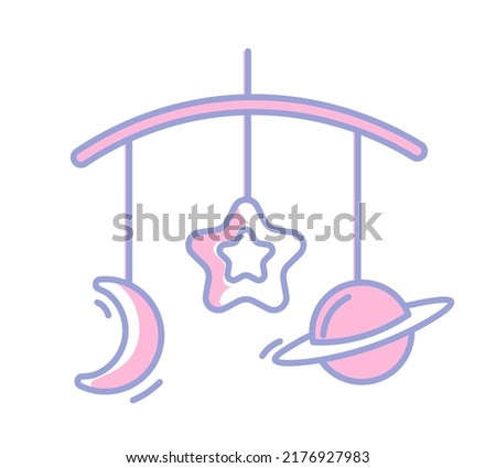 Toys and trinkets hanging on thread of baby mobile. Cosmos and galaxy theme for nursery design. Star and crescent moon, planet and constellation. Decor for children room. Vector in flat style
