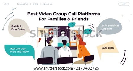 Group call platforms for friends and families, best applications and websites for office team. Support and free trial, quick and easy setup for all. Remote talking online. Vector in flat style