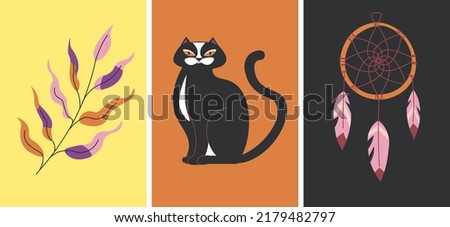 Black cat with long tail and dreamcatcher with feathers, circle and threads forwing web. Twig with leaves, foliage and floral elements, mystical symbols. Magic cards decor. Vector in flat style