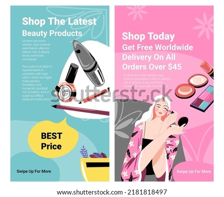 Get free worldwide delivery on all orders, shop today. Beauty products and cosmetics at the best price for clients of stores. Promotional banner, poster with advertisement. Vector in flat style
