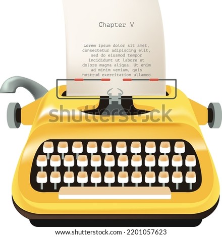 Retro typewriter, isolated printing and typing machine, mechanical device with buttons and paper with text. Journalism or writing, poetry or working on documentation. Vector in flat style illustration