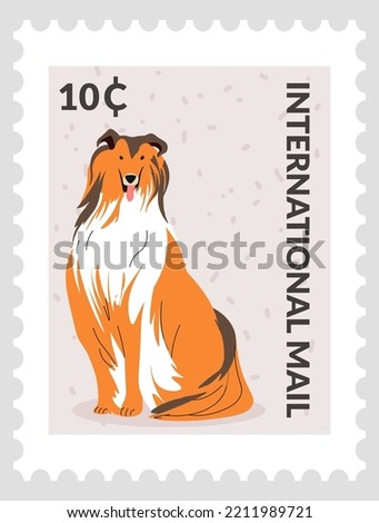 Border collie on postmark or postcard, isolated canine animal. International mail and correspondence, communication via postal. Post mark or card, stamp for letter with price. Vector in flat style