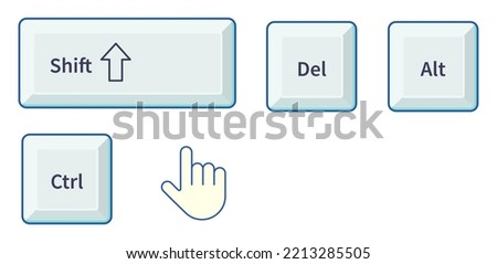 Cursor and computer buttons, isolated icons of shift and arrow up, del and alt, ctrl. Commands in windows, interface and simple design with hand pointing finger. Application vector in flat style