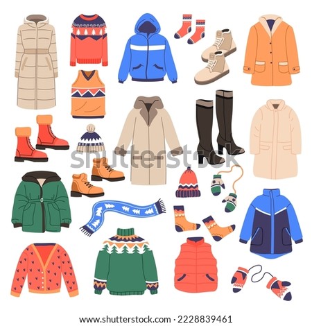 Warm clothes for winter season, isolated coats and jackets, knitted sweaters, and boots. Scarf and mittens, socks and hat. Men and women clothing, unisex design outfits. Vector in flat style