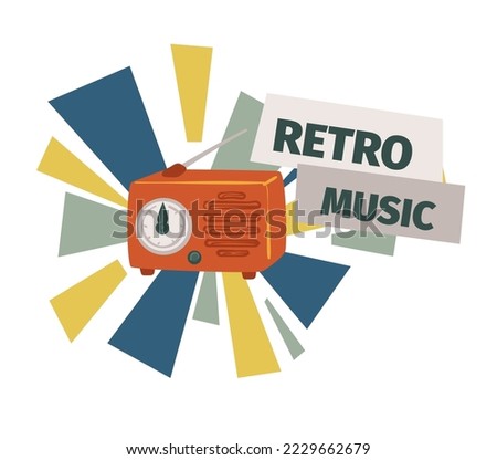 Songs and recorded tapes playing on cassette recorder. Isolated magneto phone or radio with antennae, old school compositions and entertainment, disco and partying composition. Vector in flat style