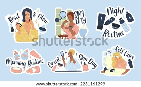 Sticker design set with woman skincare element. Flat girl character at spa day, reset and glow sign at tag collection, vector illustration. Morning and night self care routine badge