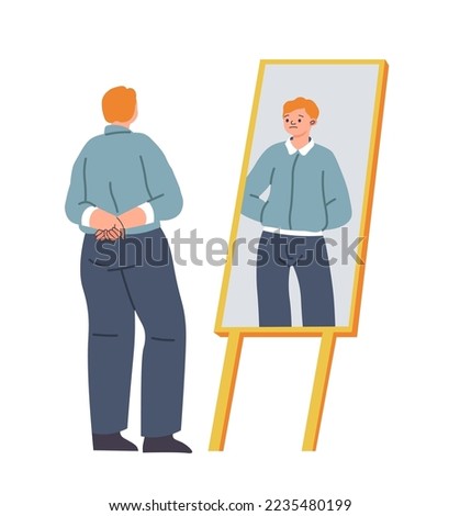 Embracing good and bad sides of personality, isolated male character looking at reflection in mirror. Man or teenager with upset facial expression. Personage with self esteem. Vector in flat style