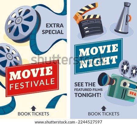 See featured films tonight at movie night, promotional banner or event. Invitation card for visitors, extra special reels. Book tickets online, swipe up and entertain yourself. Vector in flat style