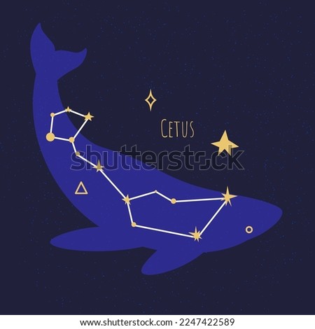 Star formation or pleiad making shape of whale. Constellation of cetus, astrology and exploration of celestial bodies and objects in cosmos and space universe. Vector in flat style illustration