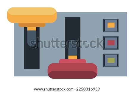 Control system or panel with switchers or buttons for controlling electronic or electric appliances and instruments. Industrial types of equipment and levers with knobs. Vector in flat style