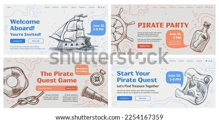 Landing page set for pirate party promotion. Hand drawn marine element at web banner collection, vector illustration. Pirate quest game, find treasure offer at website design