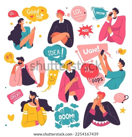 People expressing emotions and using stickers and bubbles. Isolated male and female characters with idea or surprise, boom and greetings. Personages on phones talking and smile. Vector in flat style