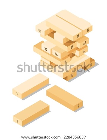 Board game of physical skills, isolated pieces of wood forming tower. Leisure and entertainment, having fun and spending pastime. Playing blocks and removing at turn. Vector in flat style illustration