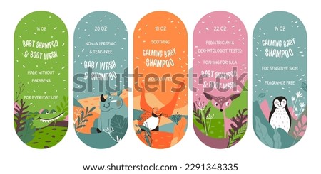 Sticker set for baby shampoo package design. Label collection for kid body wash, vector illustration. Hygiene product tag with cartoon animal character, nature decoration