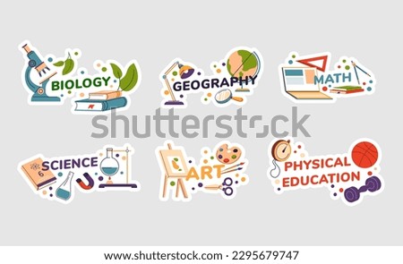 Sticker design set with school subjects concept. Flat tag collection with biology, math and art sign, vector illustration. Education badge for geography, science books or notebooks