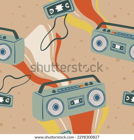 Vintage retro gadget for playing and recording music and songs. Old magneto phone with cassette tape. Buttons on appliance. Seamless pattern, wallpaper print or background. Vector in flat style
