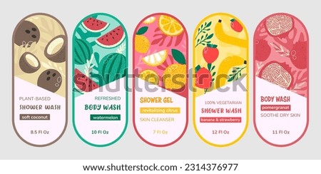 Label package set for body wash product advertising. Shower gel sticker tag collection with flat fruits, vector illustration. Colorful emblem design for hygiene product, floral decoration