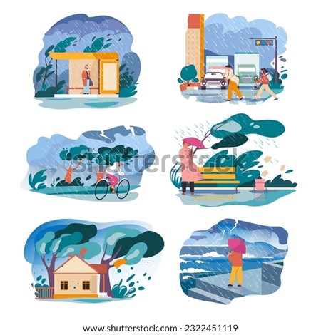 Season of rainstorms and bad weather conditions. Rain with grey sky and massive clouds, thunder, and lightning. Downpour in city, village, and town, strong wind blowing, deluge. Vector in flat style