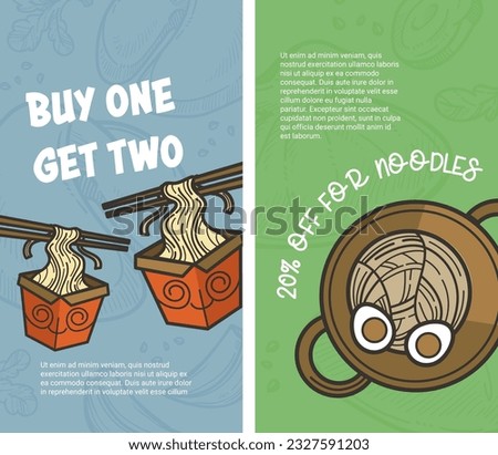 Asian food oriental dishes, buy one and get two. Proposal for clients, off for noodles in restaurant or cafe, tasty meal. Promotional banner, advertising or marketing. Vector in flat style