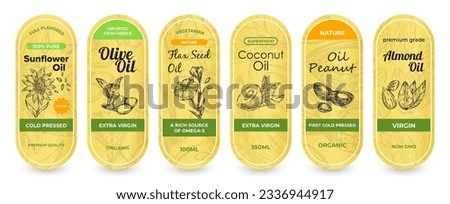 Variant of label design for packaging oil, vector illustration. Assortment of organic oil bottle labels. Banner text first cold pressed, extra virgin, a rich source of omega-3. Vegetarian product.