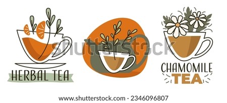 Organic products and beverages, isolated herbal and chamomile tea, organic drinks. Herbal and natural production for breakfast, dinner or lunch. Teahouse assortment. Vector in flat style illustration