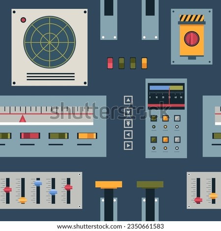 System or machinery control panel with buttons and knobs, levers. Turning on and off, radars with screens, adjusting settings. Pause and rewind, next and previous option. Vector in flat style