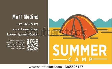 Business or visiting card of summer camp tourist guide or services. Phone number and website page address, details about company or organization, qr code and shop logotype. Vector in flat style