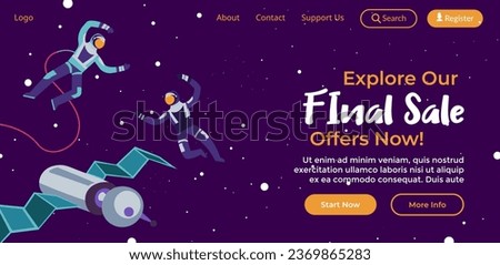 Offers and sale, explore our final discounts for clients and users. Astronauts floating in space with satellite and stars constellation. Website landing page template, online site vector in flat style