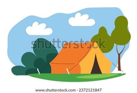 Tent on campsite, camping and resting in summer. Landscape with sky and forest or woods with trees and vegetation. Scenery of vacation destination or location for hikers. Vector in flat style