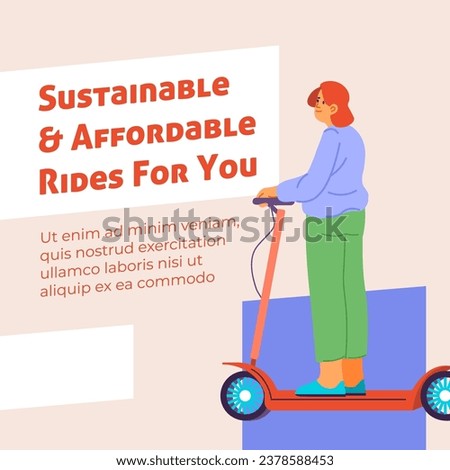 Affordable and sustainable rides for you, traveling with scooter in city. Urban transport, ecologically friendly and clean device. Promotional banner or advertisement poster, vector in flat style