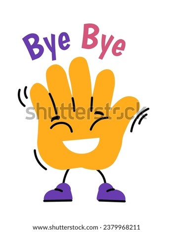 Expressing farewell and good wishes when parting with someone. Positive hand character with smile, squinted eyes goodbye gesture. Emoji or emoticon, sticker or personage. Vector in flat style