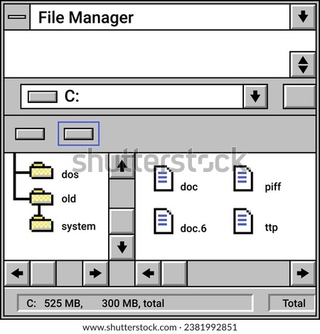 File manager with documents and files, isolated window with icons and information about size and memory space on disk. Old operation system on personal computer or laptop. Vector in flat style