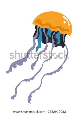 Aurelia floating in ocean or sea. Isolated jellyfish icon with tentacles, water aquarium dweller. Boneles aquatic animal. Swimming gelatinous saucer shaped body of creature. Vector in flat style