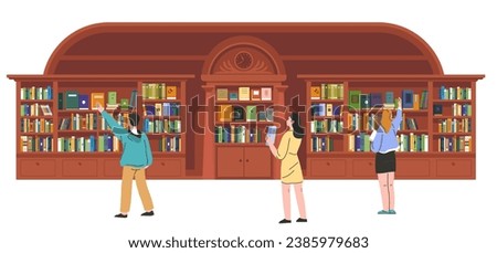  Books from classic works to modern bestsellers, scientific journals, and electronic resources. Students in search of necessary information for studies and classes education. Vector in flat style