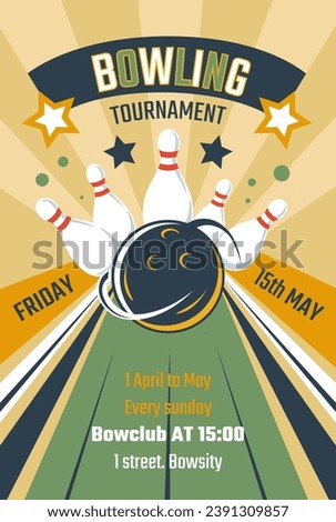 Tournament at bowclub, bowling game for visitors and players. Invitation flyer for sports activities. Track with pins and ball, strike and stars. Poster or advertisement banner, vector in flat style