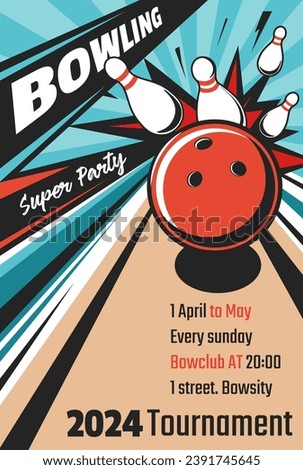 Tournament at bowclub, super party bowling night for players. Invitation card or flyer with date and time of event. Entertainment and fun. Poster or advertisement banner, vector in flat style