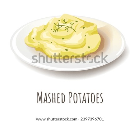 Dieting and nourishment, tasty dish. Isolated mashed potatoes decorated with dill and spices. Restaurant or diner meal and snacks for breakfast or dinner. Eating at home. Vector in flat style